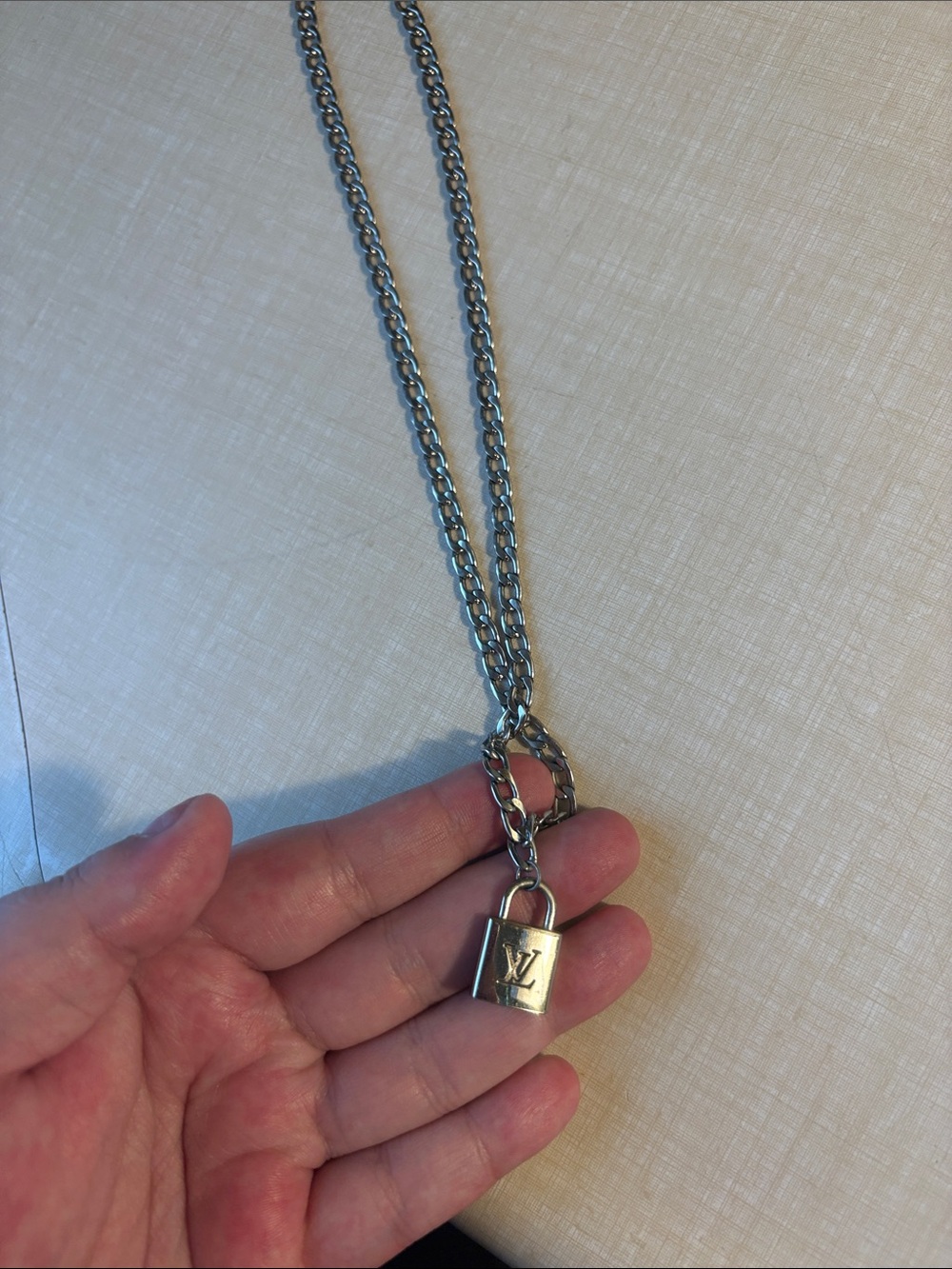 LV Upcycled Designer Lock Pendant Necklace - Silver